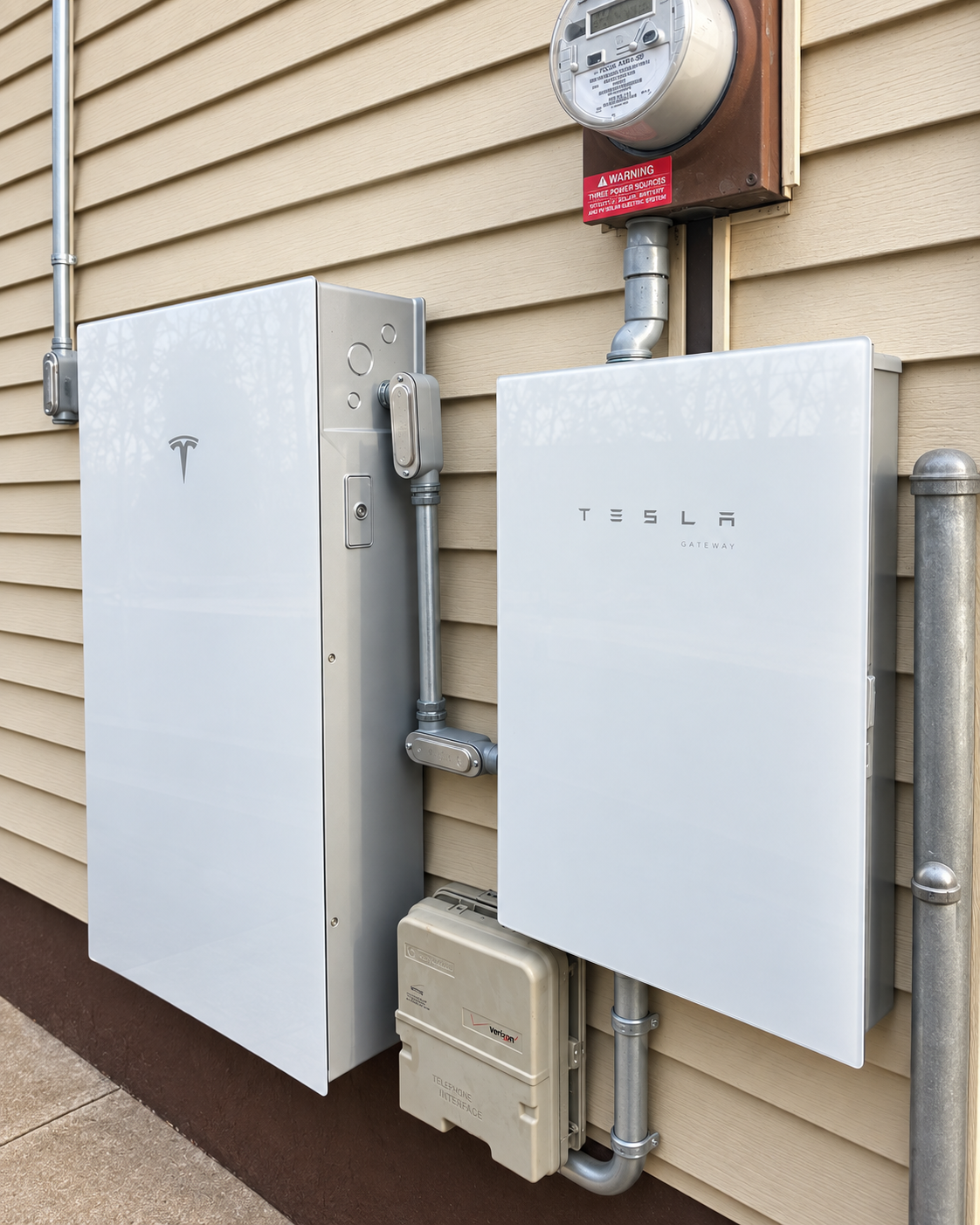 Wall-mounted home backup battery installed beside an electrical meter