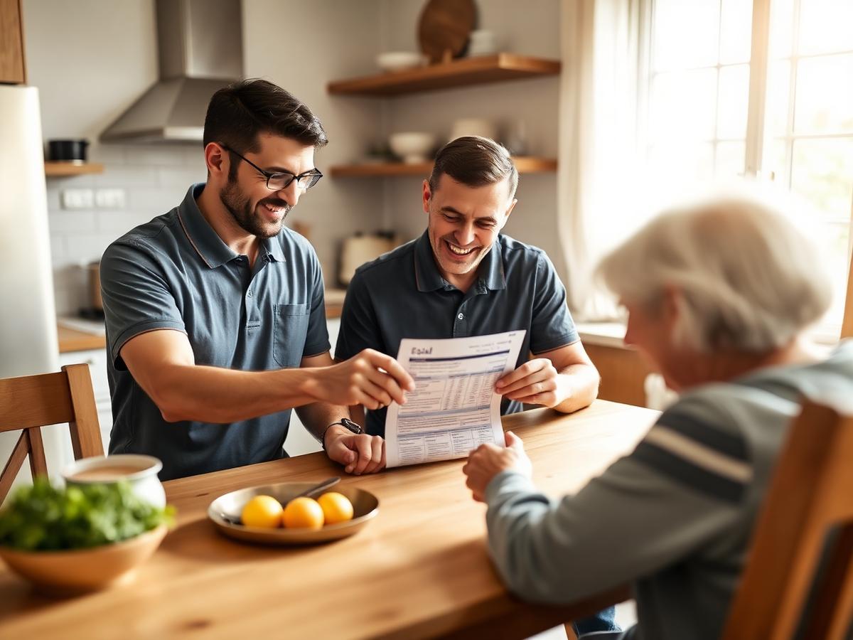 Solvera advisors reviewing an electric bill with a homeowner at a kitchen table